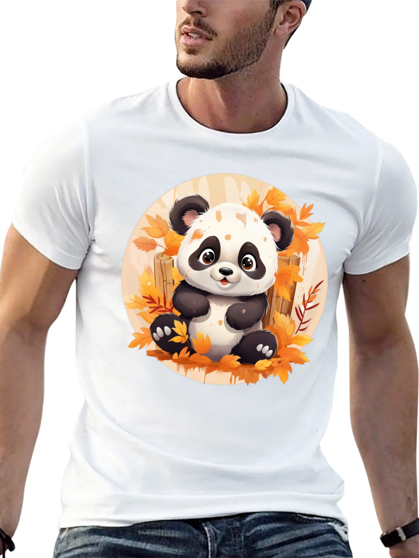 Cute Panda T-Shirt - Autumn Leaves Design