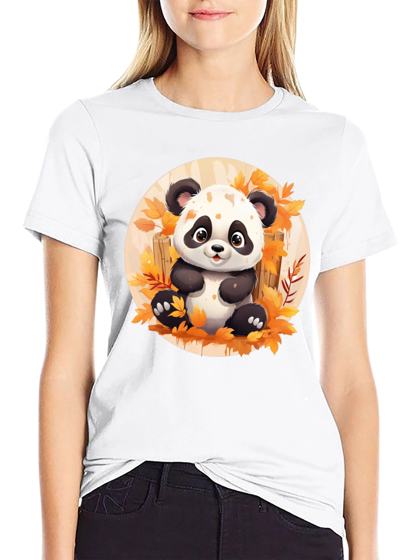 Cute Panda T-Shirt - Autumn Leaves Design