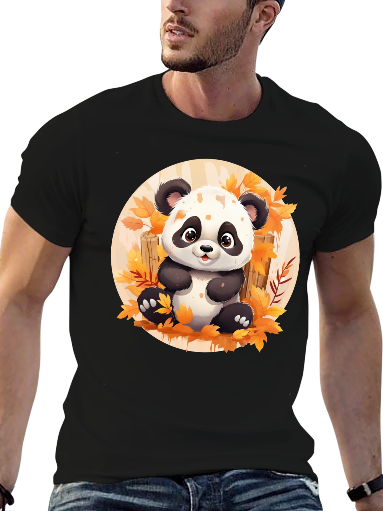 Cute Panda T-Shirt - Autumn Leaves Design