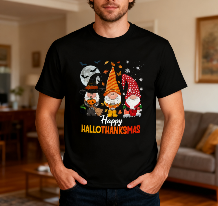 Happy HalloThanksMas Gnome T-Shirt - 100% Cotton, Festive Tee for Halloween, Thanksgiving & Christmas Celebrations