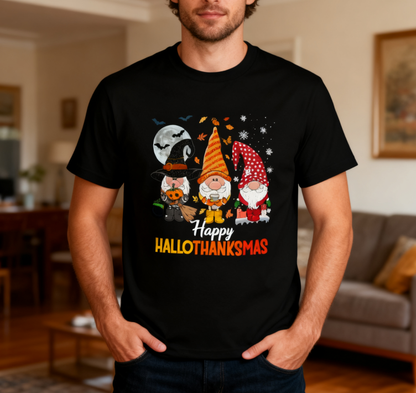 Happy HalloThanksMas Gnome T-Shirt - 100% Cotton, Festive Tee for Halloween, Thanksgiving & Christmas Celebrations