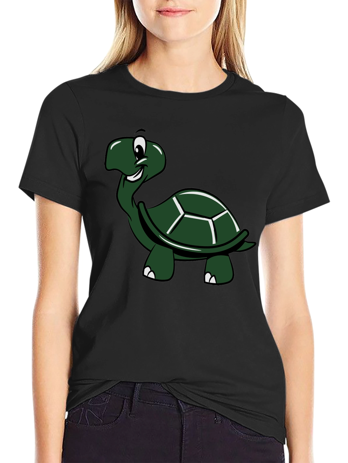 Cartoon Turtle Graphic T-Shirt - Black Cotton Tee