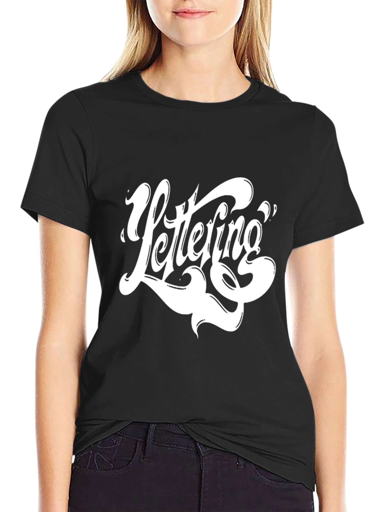 Lettering Graphic Tee - Black Cotton T-Shirt