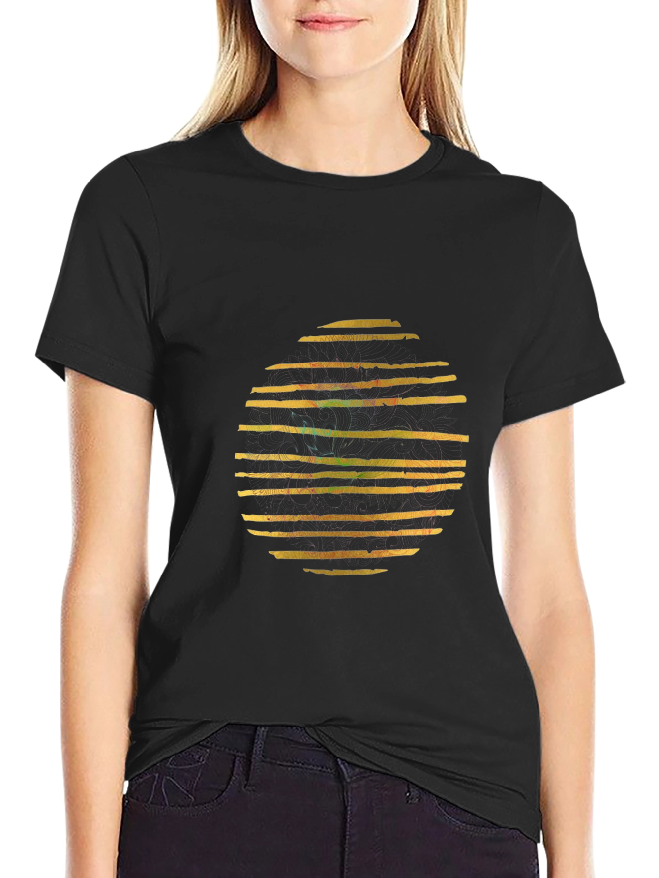 Abstract Striped Circle Graphic Black T-Shirt