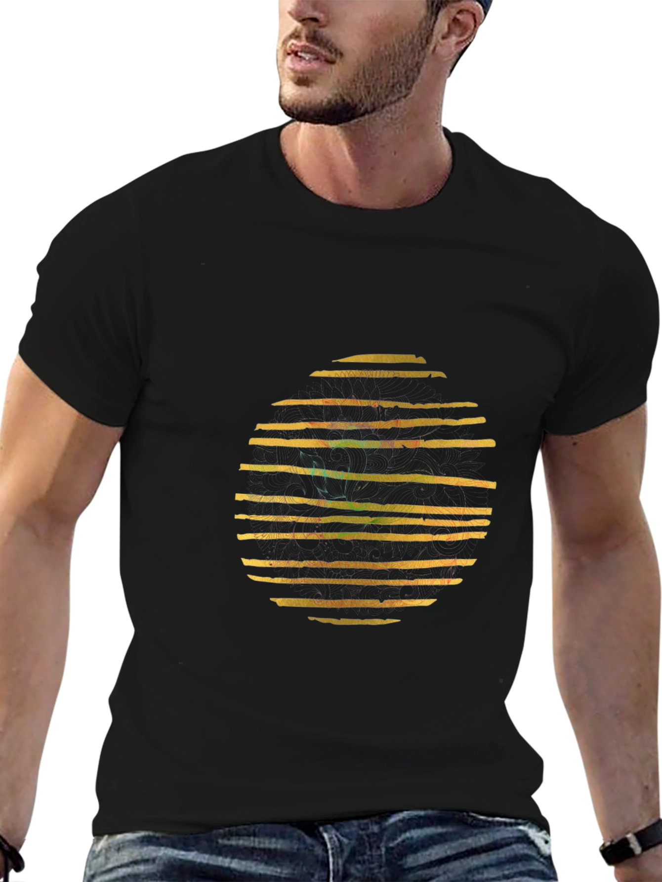 Abstract Striped Circle Graphic Black T-Shirt