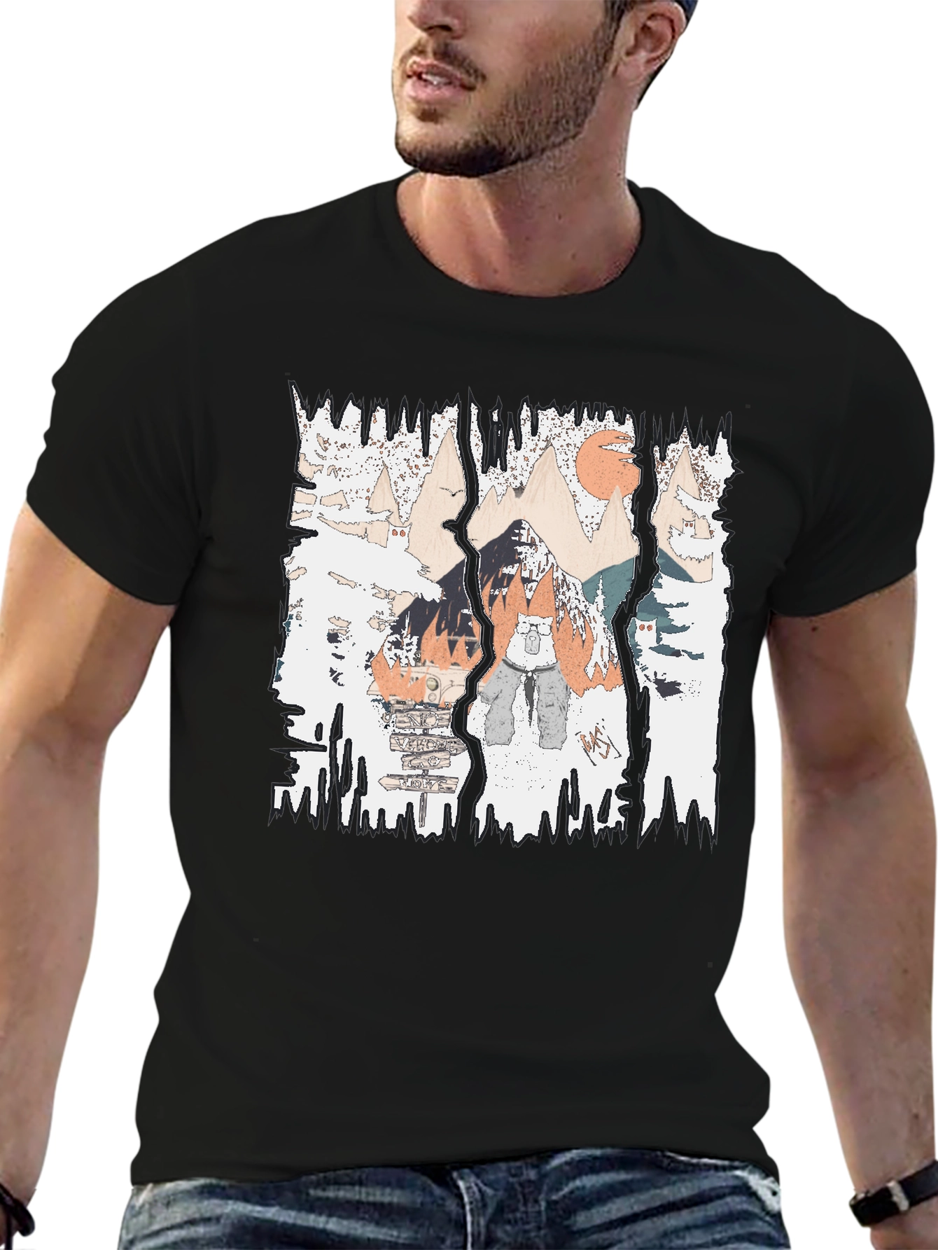 Mountain Adventure Graphic Tee - Black Cotton Shirt