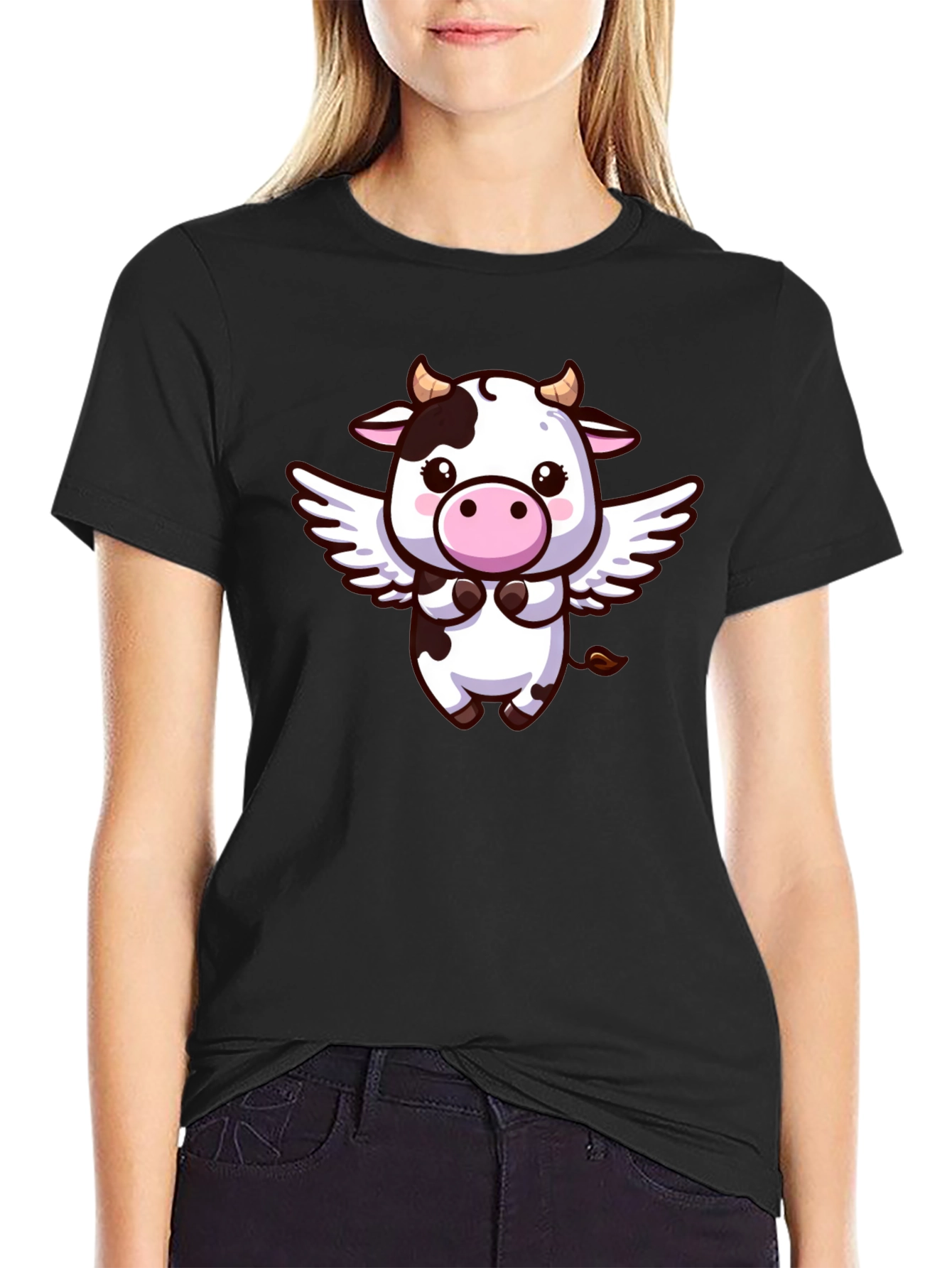 Cute Cow Angel T-Shirt - Black Cotton Tee