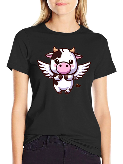 Cute Cow Angel T-Shirt - Black Cotton Tee
