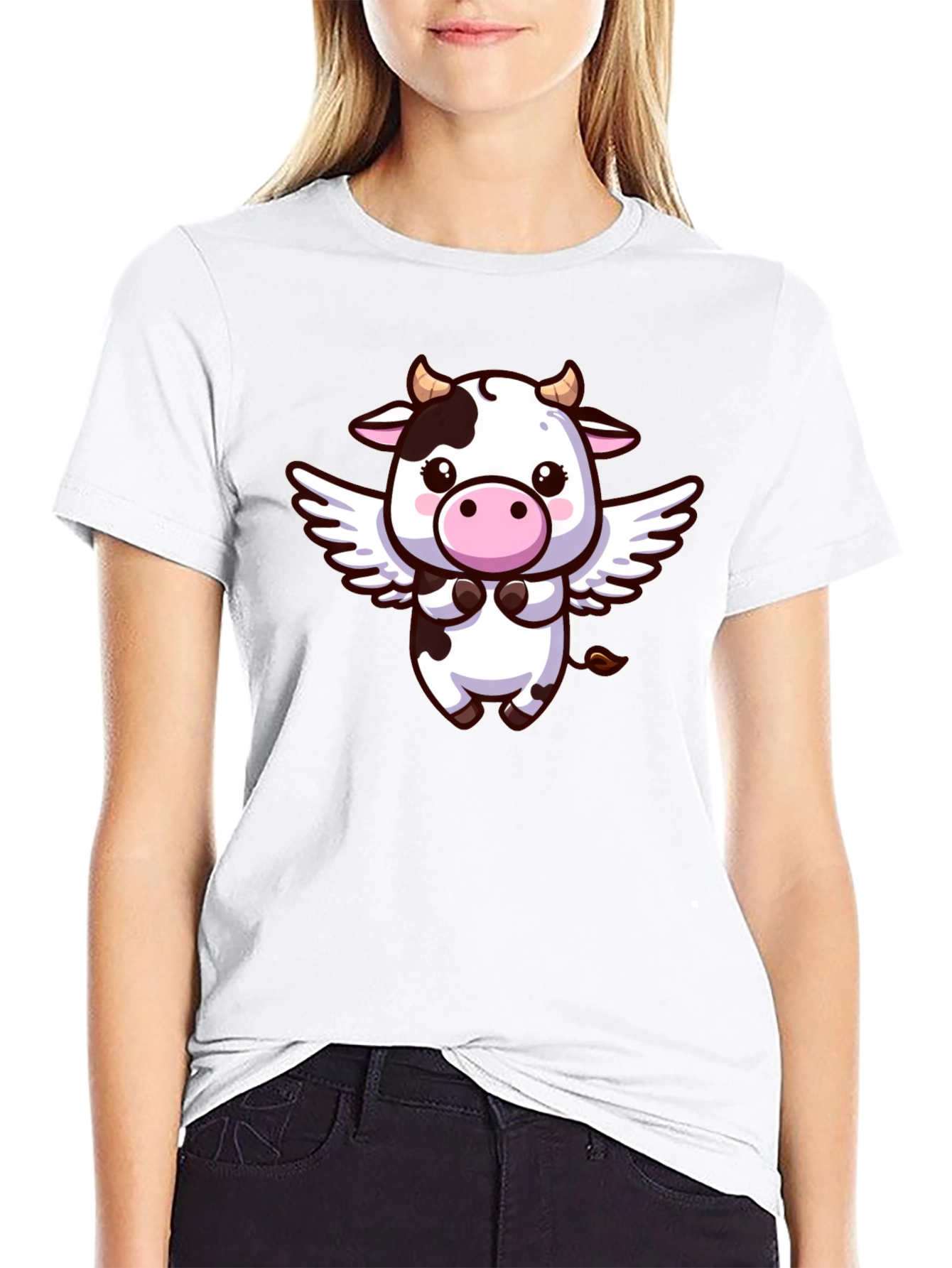 Cute Cow Angel T-Shirt - Black Cotton Tee