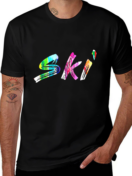 Colorful Ski Graphic Tee - Black Cotton Shirt