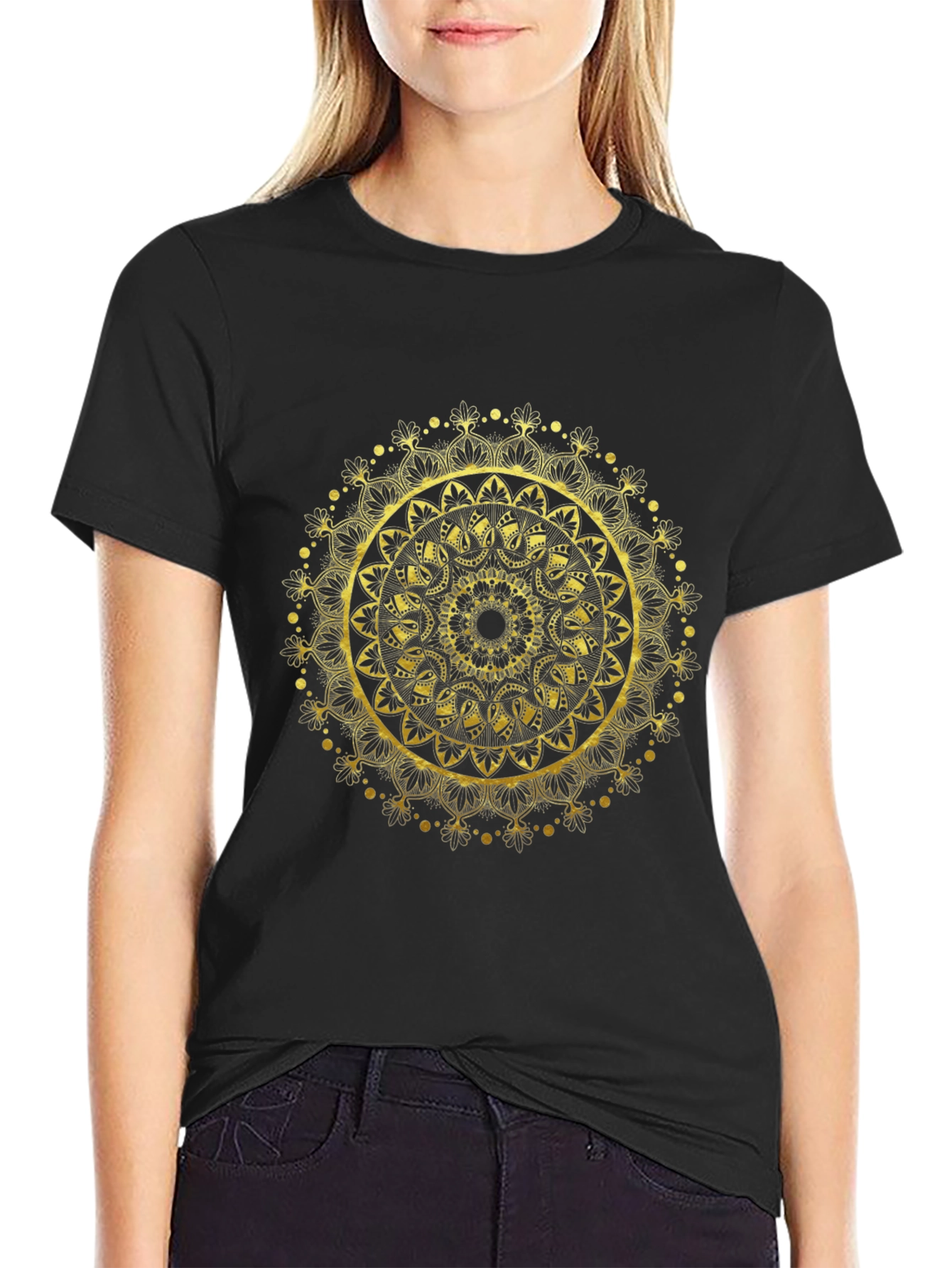 Gold Mandala Design Black T-Shirt