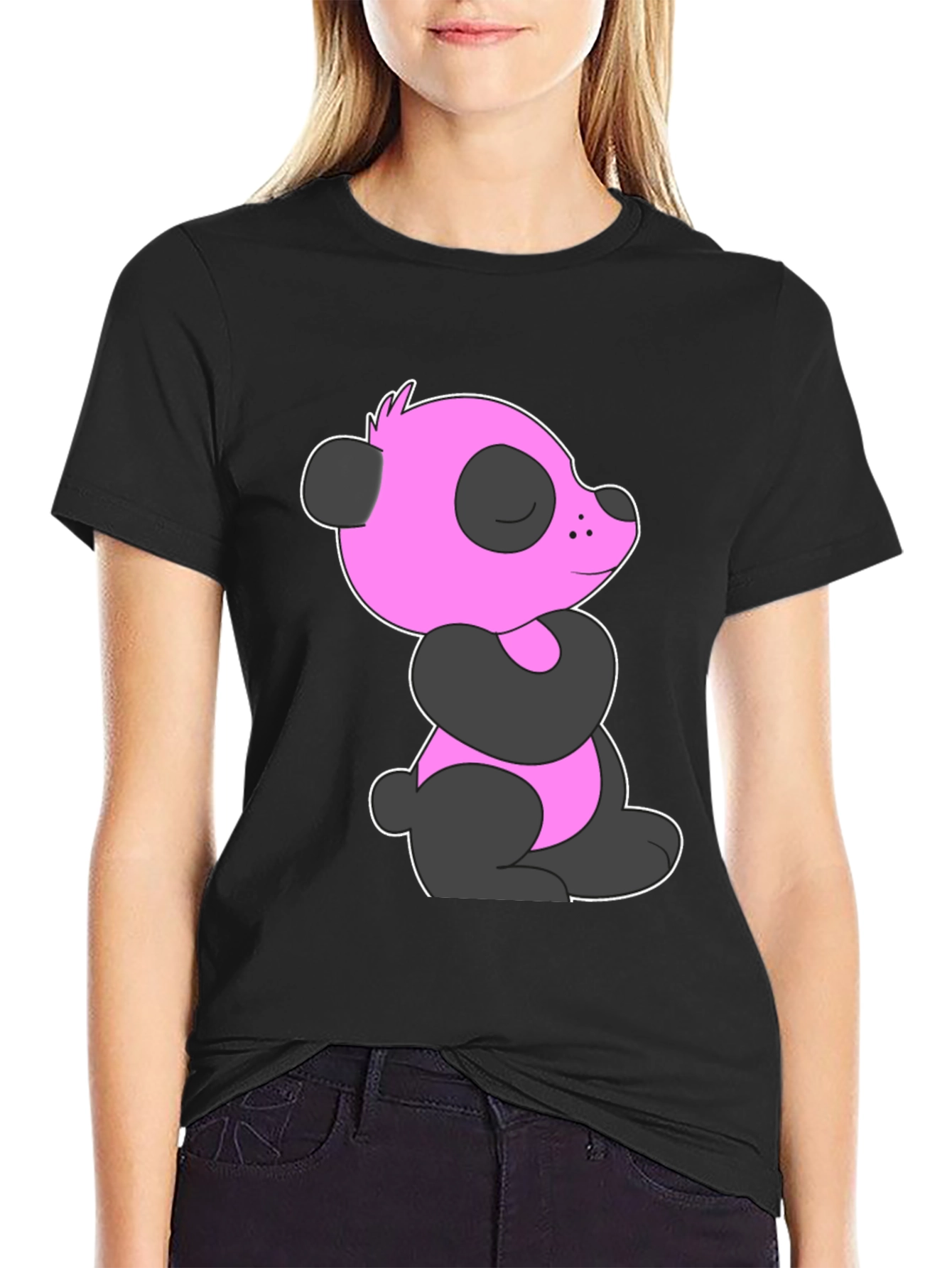 Pink Panda Graphic Black T-Shirt