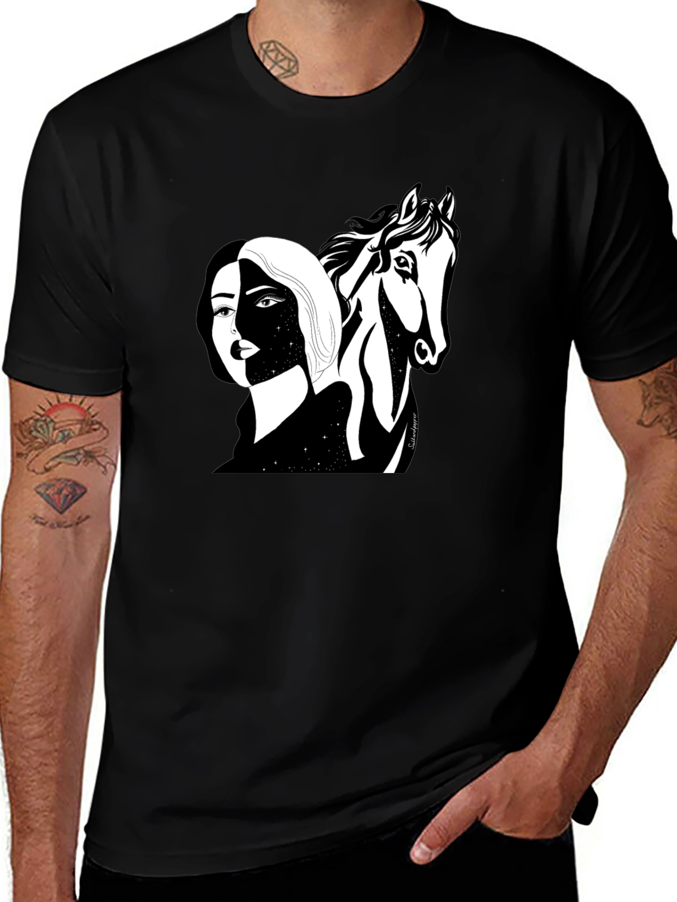 Black Graphic Tee - Woman & Horse Print