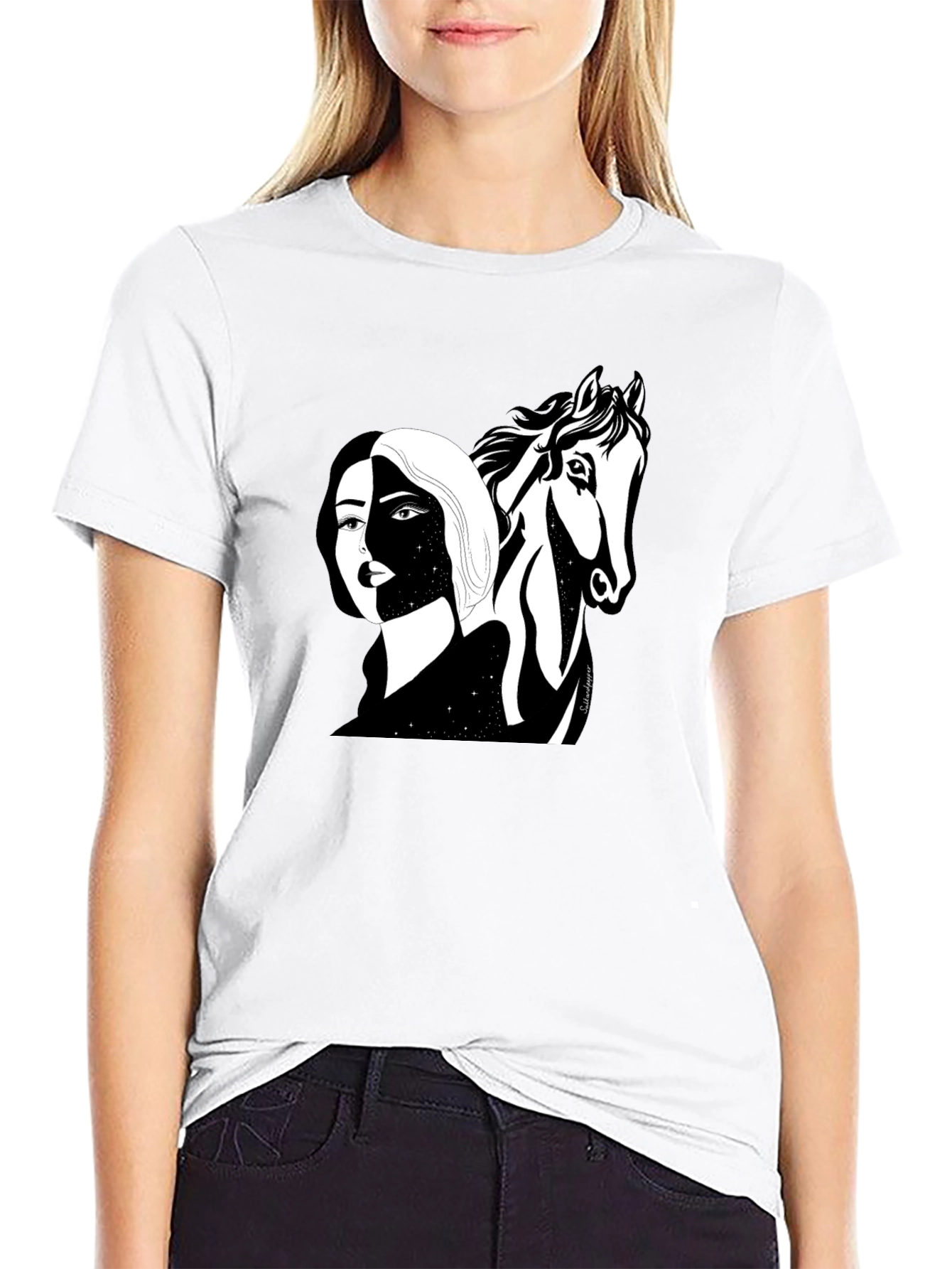 Black Graphic Tee - Woman & Horse Print