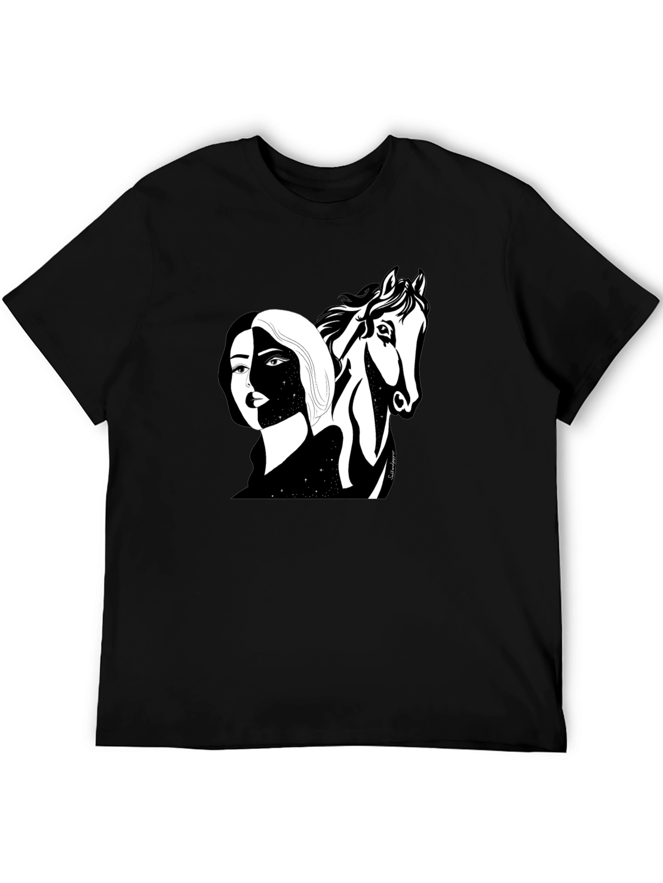 Black Graphic Tee - Woman & Horse Print
