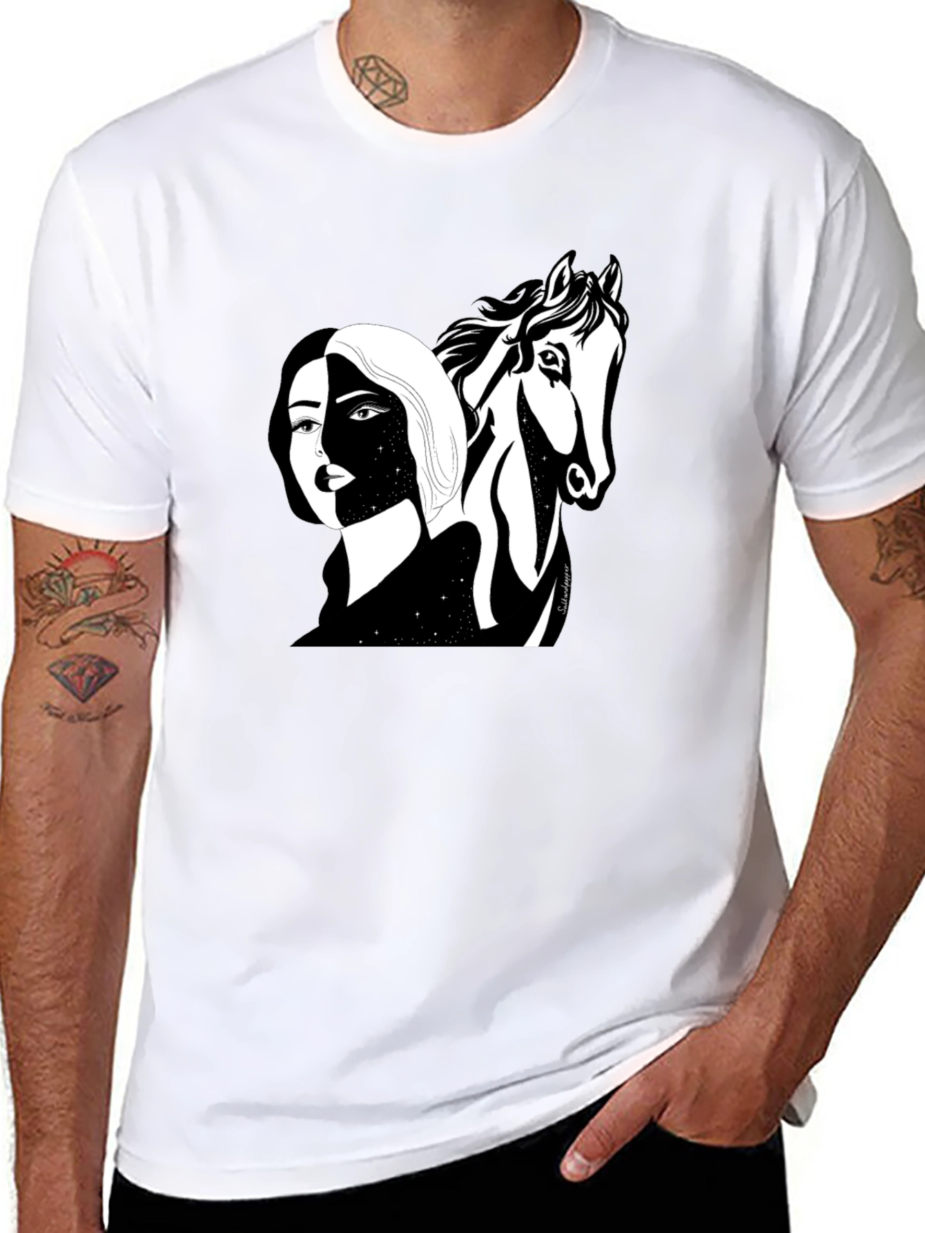 Black Graphic Tee - Woman & Horse Print