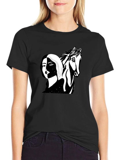 Black Graphic Tee - Woman & Horse Print