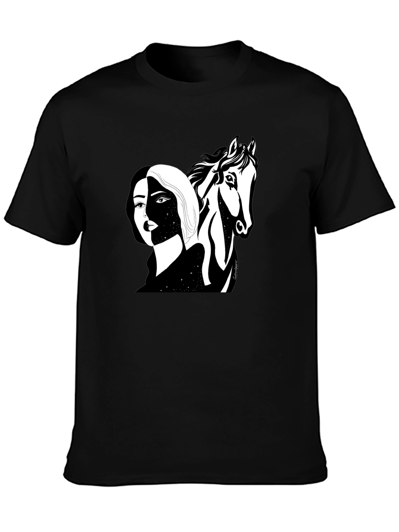 Black Graphic Tee - Woman & Horse Print