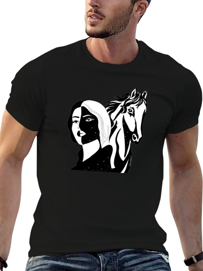 Black Graphic Tee - Woman & Horse Print