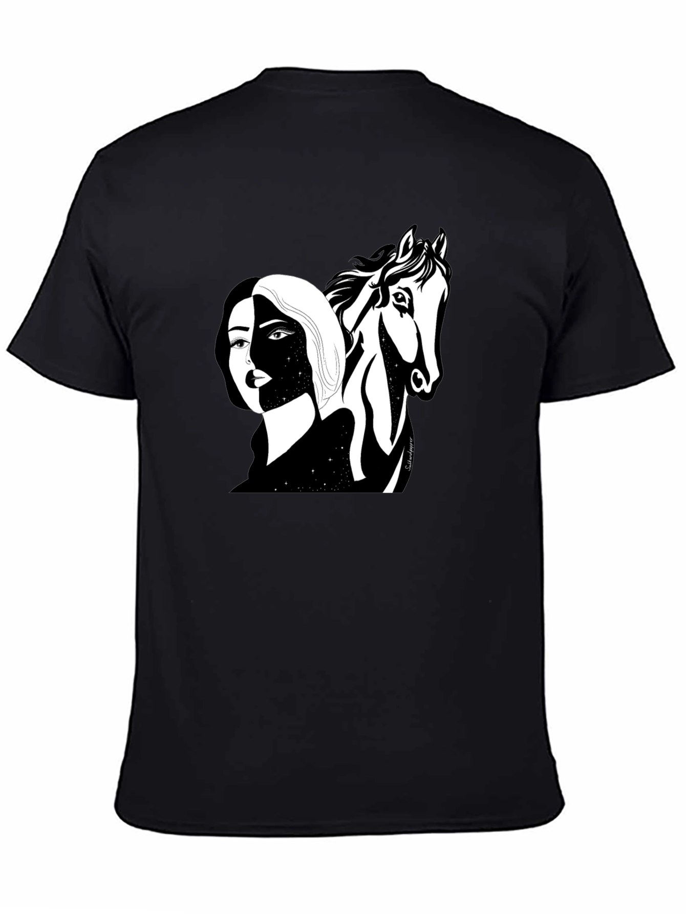 Black Graphic Tee - Woman & Horse Print