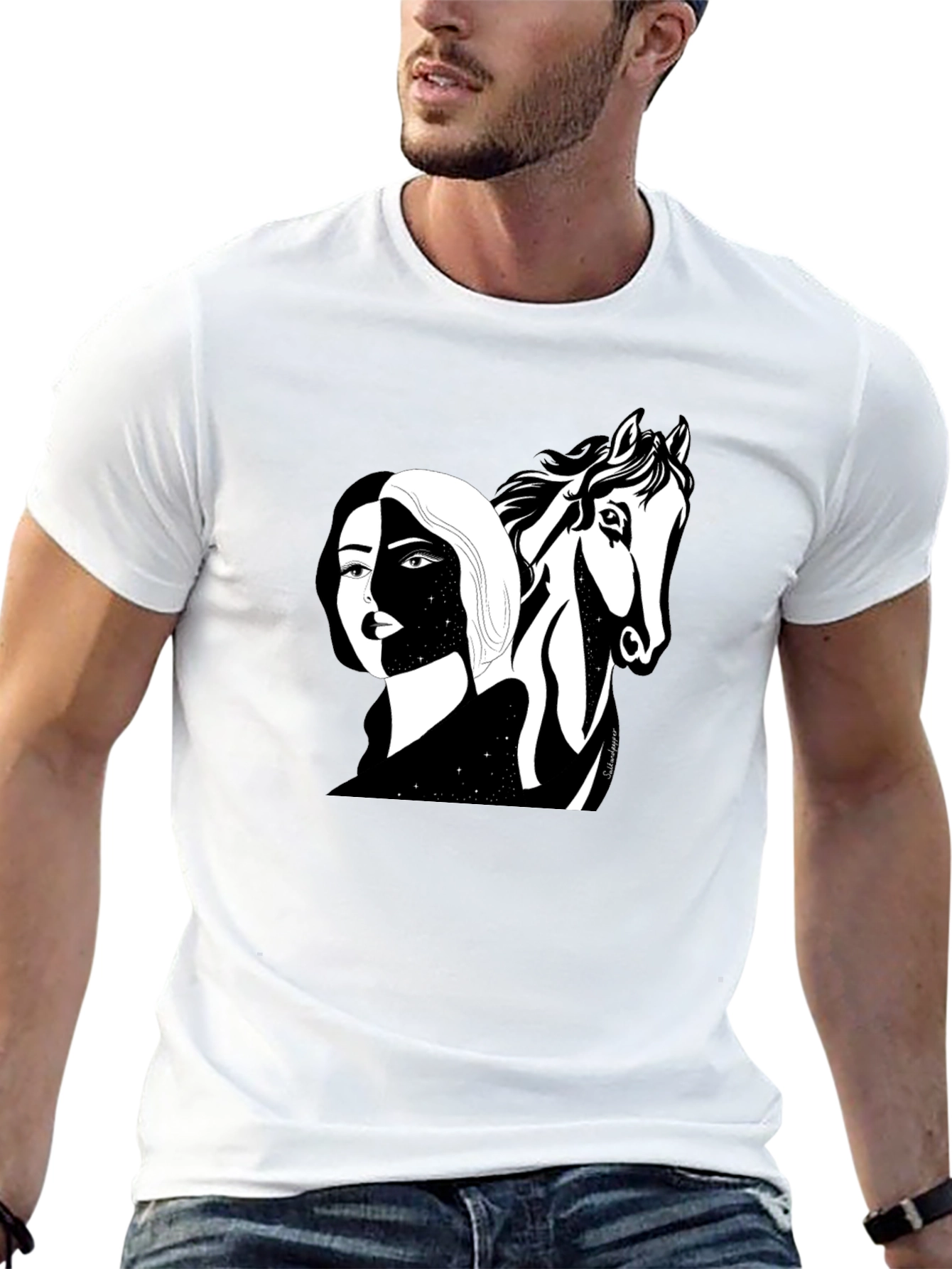 Black Graphic Tee - Woman & Horse Print