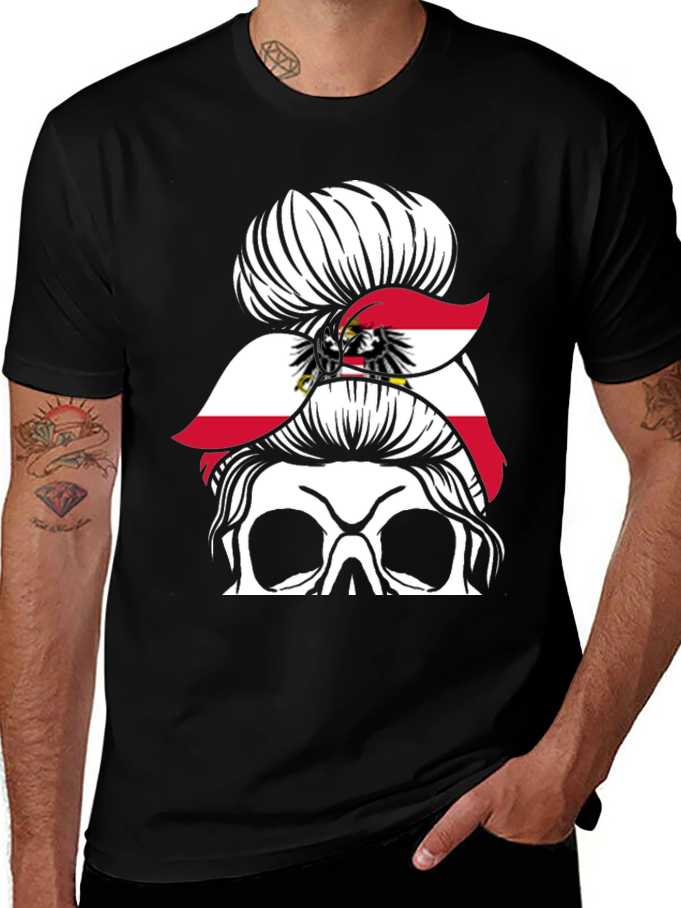 Austria Flag Messy Bun Skull T-Shirt