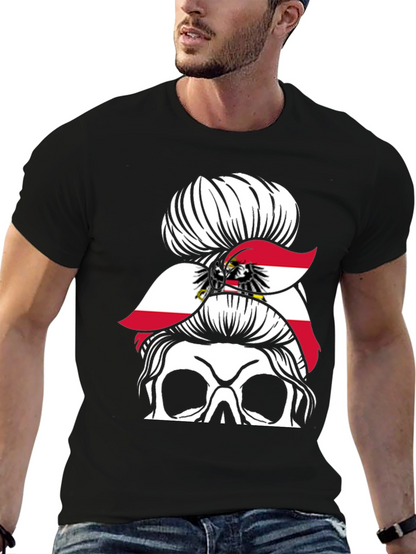 Austria Flag Messy Bun Skull T-Shirt