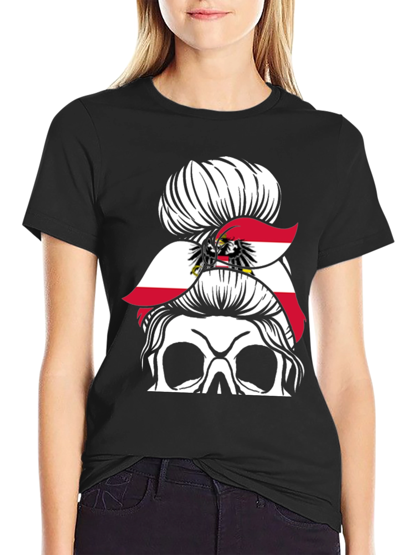 Austria Flag Messy Bun Skull T-Shirt