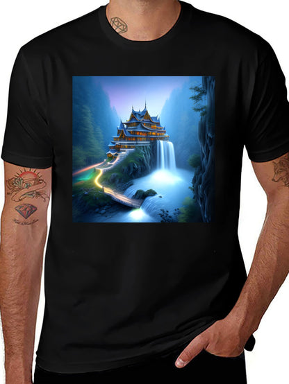 Waterfall Temple Graphic Tee - Mens Black T-Shirt