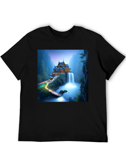 Waterfall Temple Graphic Tee - Mens Black T-Shirt