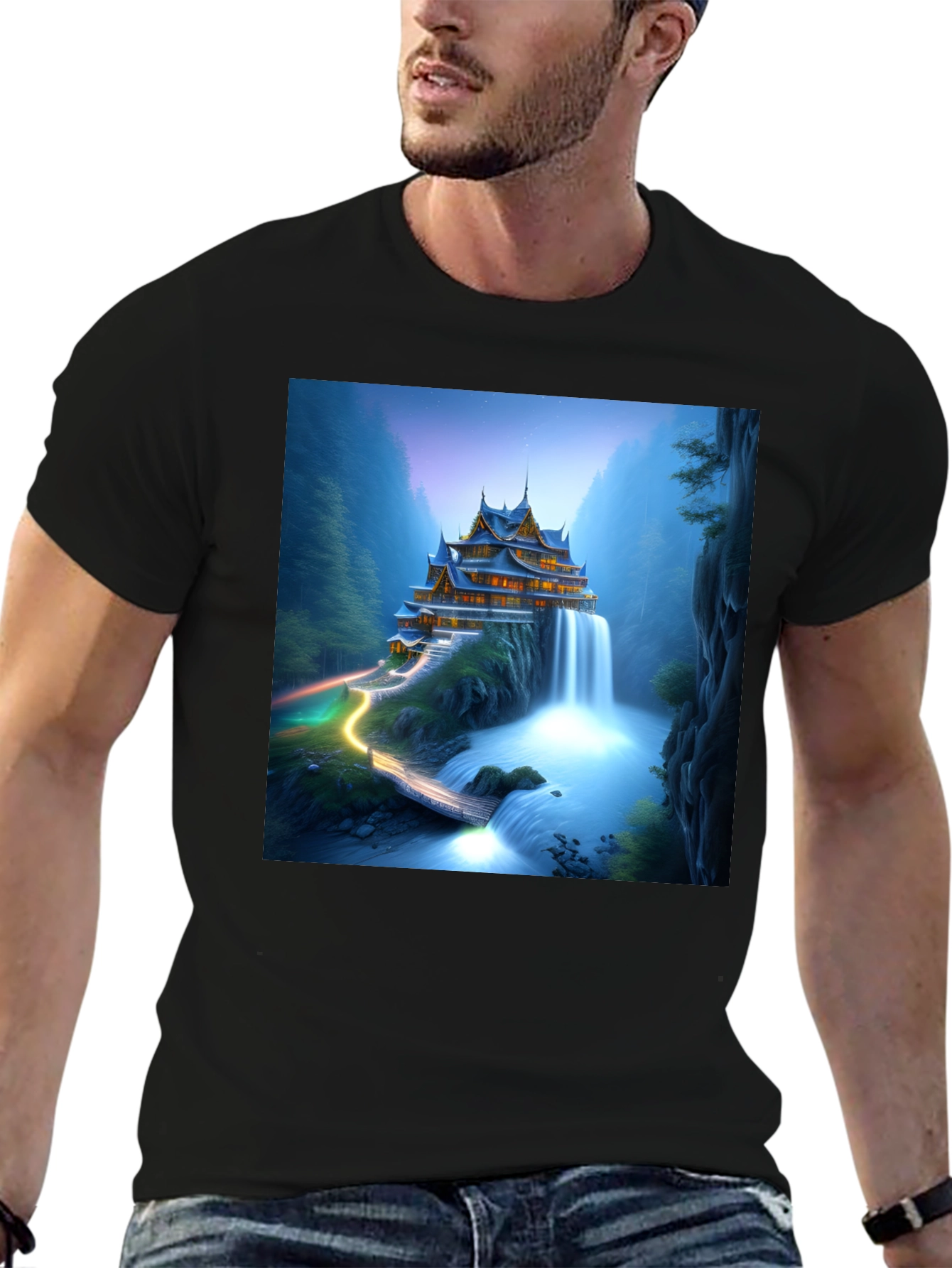Waterfall Temple Graphic Tee - Mens Black T-Shirt