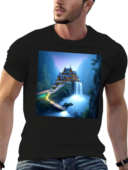 Waterfall Temple Graphic Tee - Mens Black T-Shirt