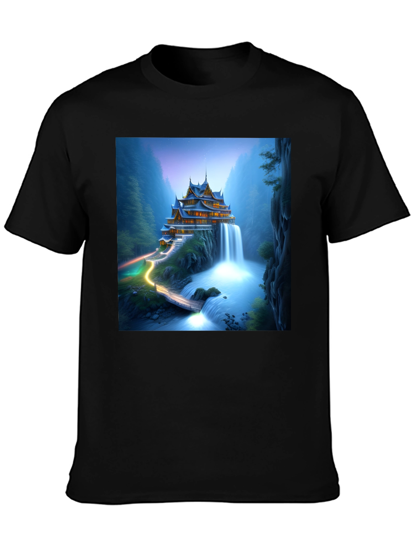 Waterfall Temple Graphic Tee - Mens Black T-Shirt