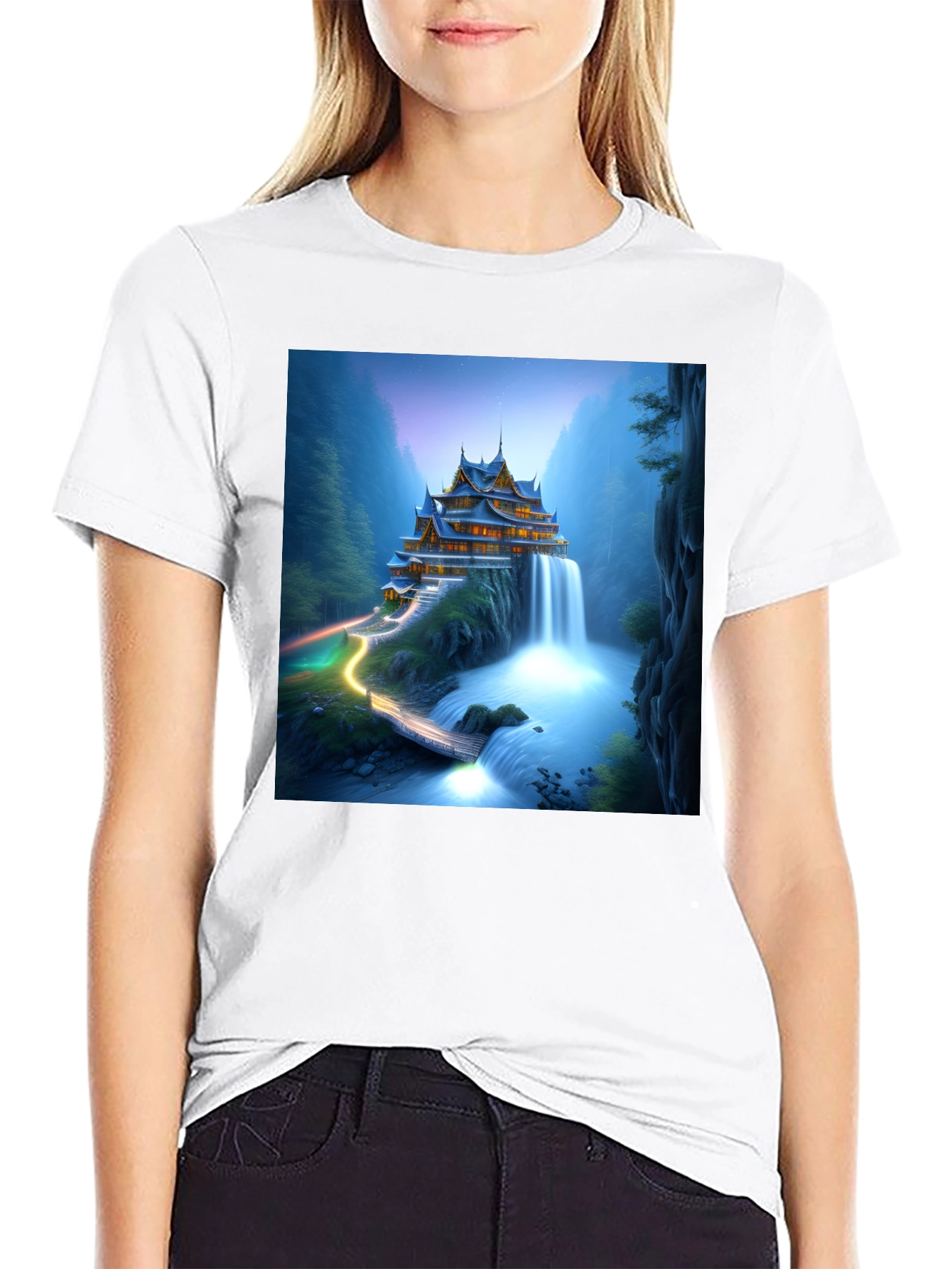 Waterfall Temple Graphic Tee - Mens Black T-Shirt