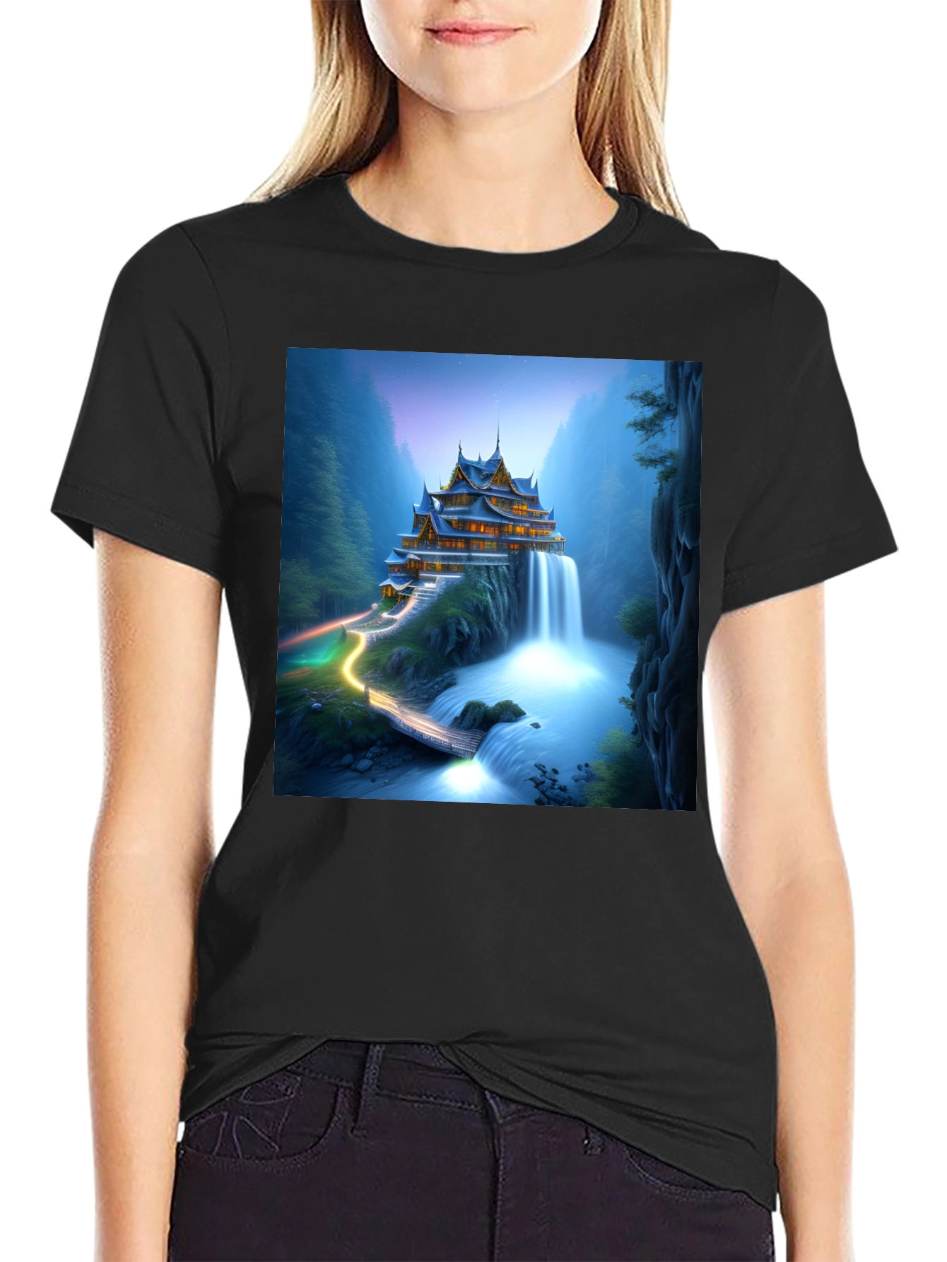 Waterfall Temple Graphic Tee - Mens Black T-Shirt