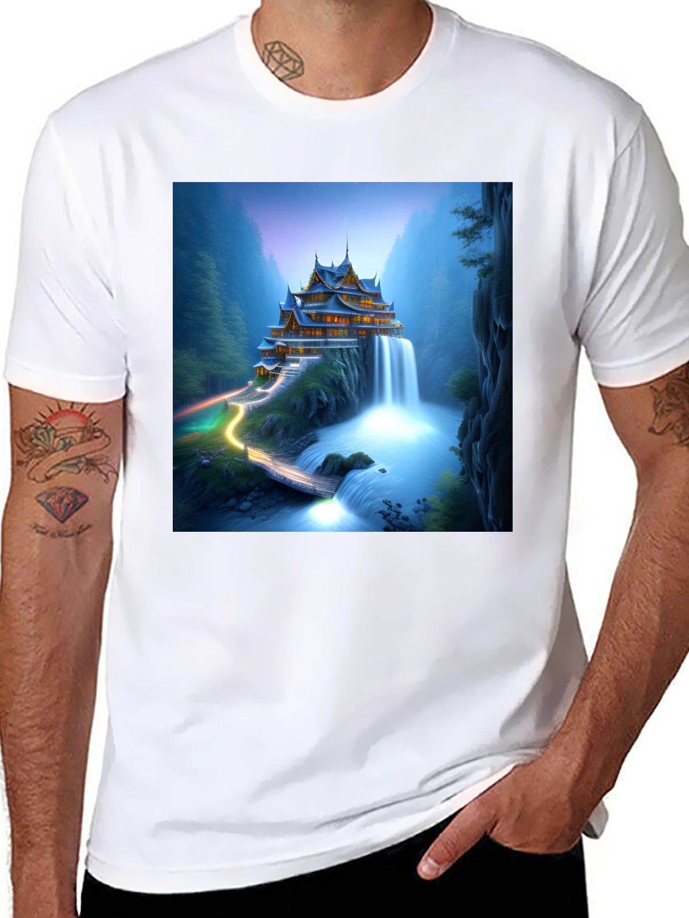 Waterfall Temple Graphic Tee - Mens Black T-Shirt