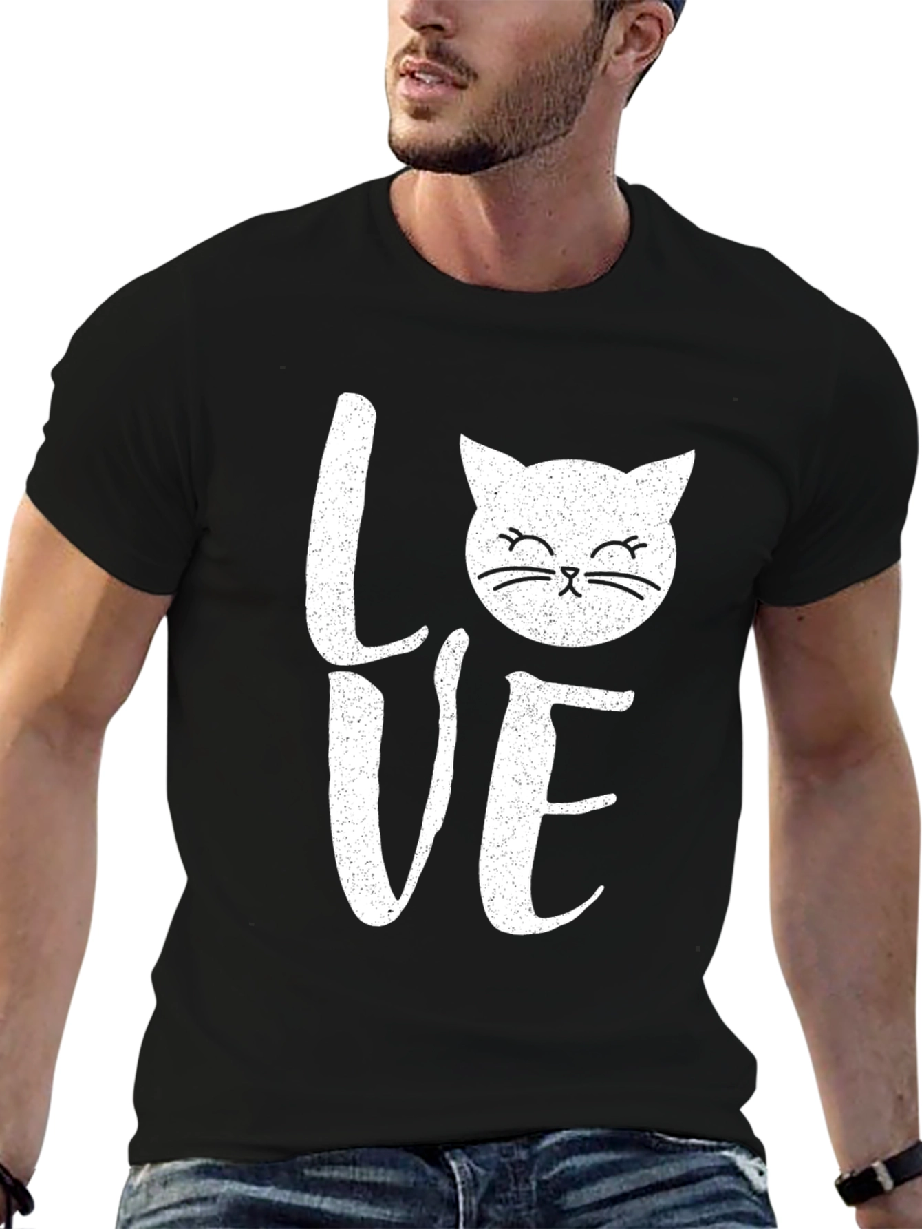 Love Cat Graphic Print Mens Black T-Shirt