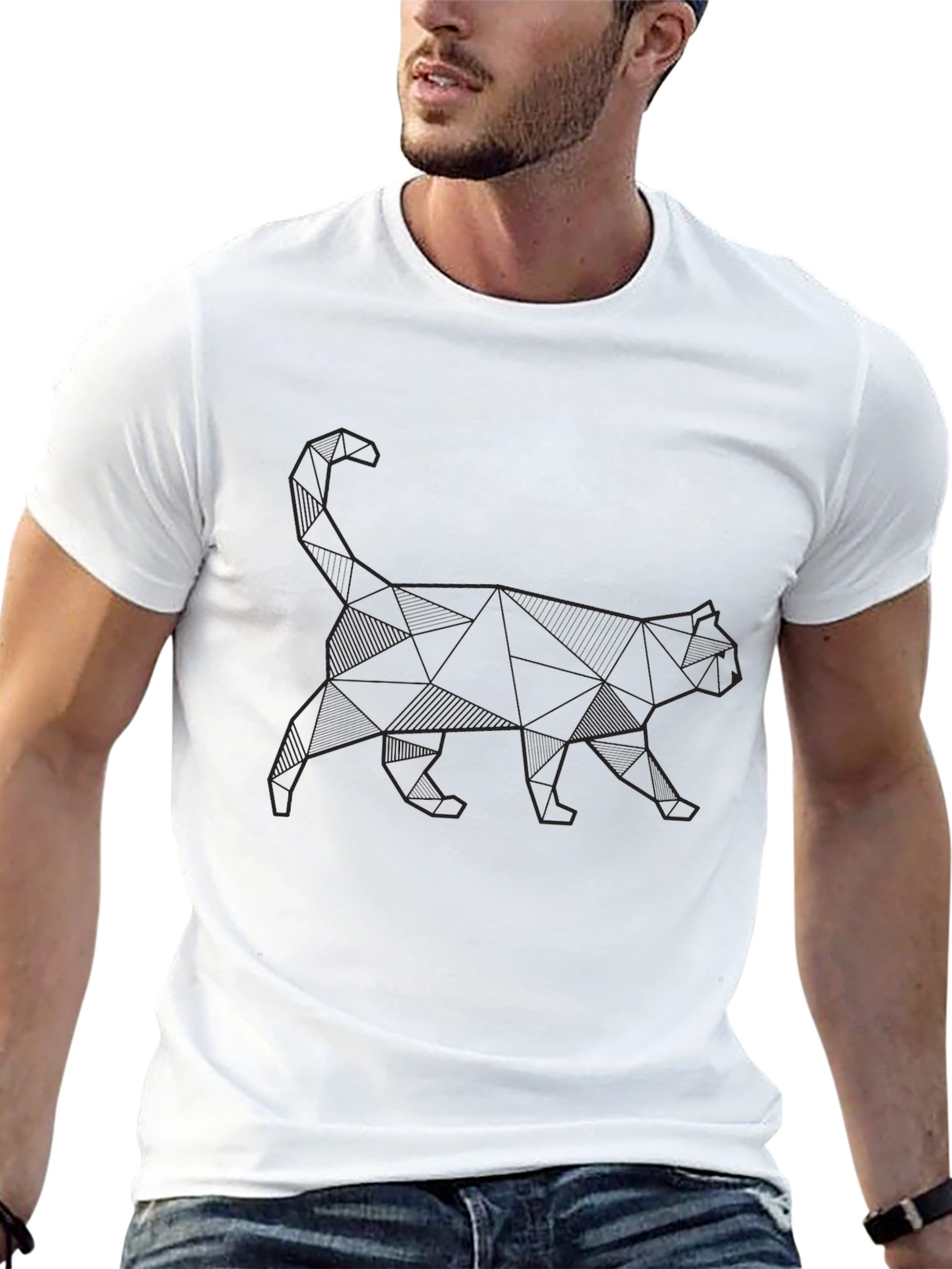 Geometric Cat Print Black T-Shirt