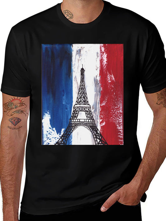 Eiffel Tower France Flag Graphic Tee - Black Cotton T-Shirt
