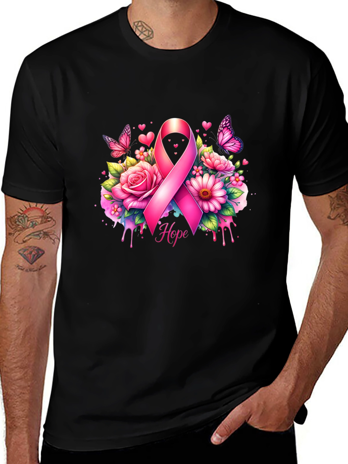 Breast Cancer Awareness T-Shirt with Pink Ribbon and Flowers