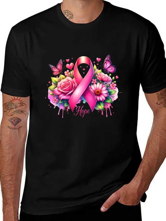 Breast Cancer Awareness T-Shirt with Pink Ribbon and Flowers