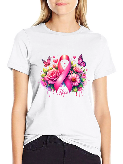 Breast Cancer Awareness T-Shirt with Pink Ribbon and Flowers