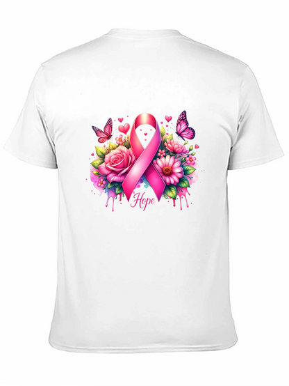 Breast Cancer Awareness T-Shirt with Pink Ribbon and Flowers