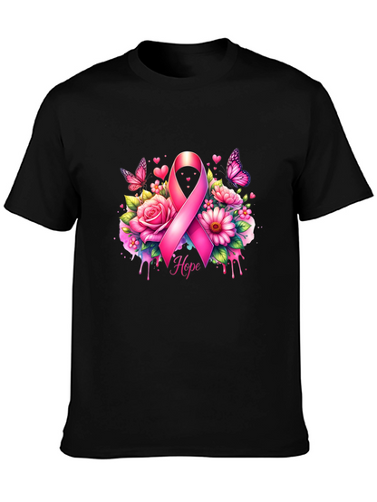 Breast Cancer Awareness T-Shirt with Pink Ribbon and Flowers
