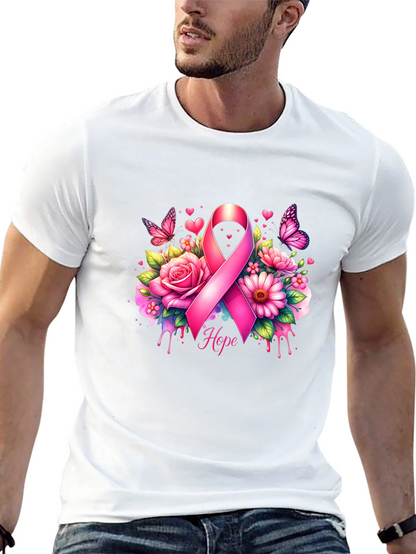 Breast Cancer Awareness T-Shirt with Pink Ribbon and Flowers