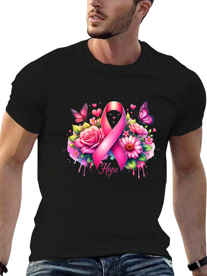 Breast Cancer Awareness T-Shirt with Pink Ribbon and Flowers