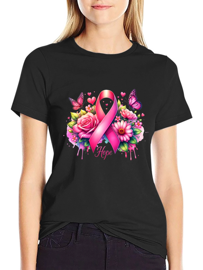 Breast Cancer Awareness T-Shirt with Pink Ribbon and Flowers