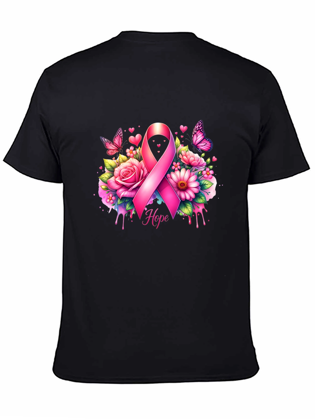 Breast Cancer Awareness T-Shirt with Pink Ribbon and Flowers