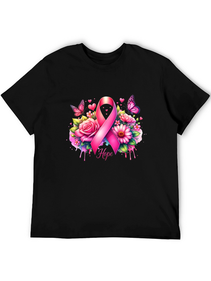 Breast Cancer Awareness T-Shirt with Pink Ribbon and Flowers