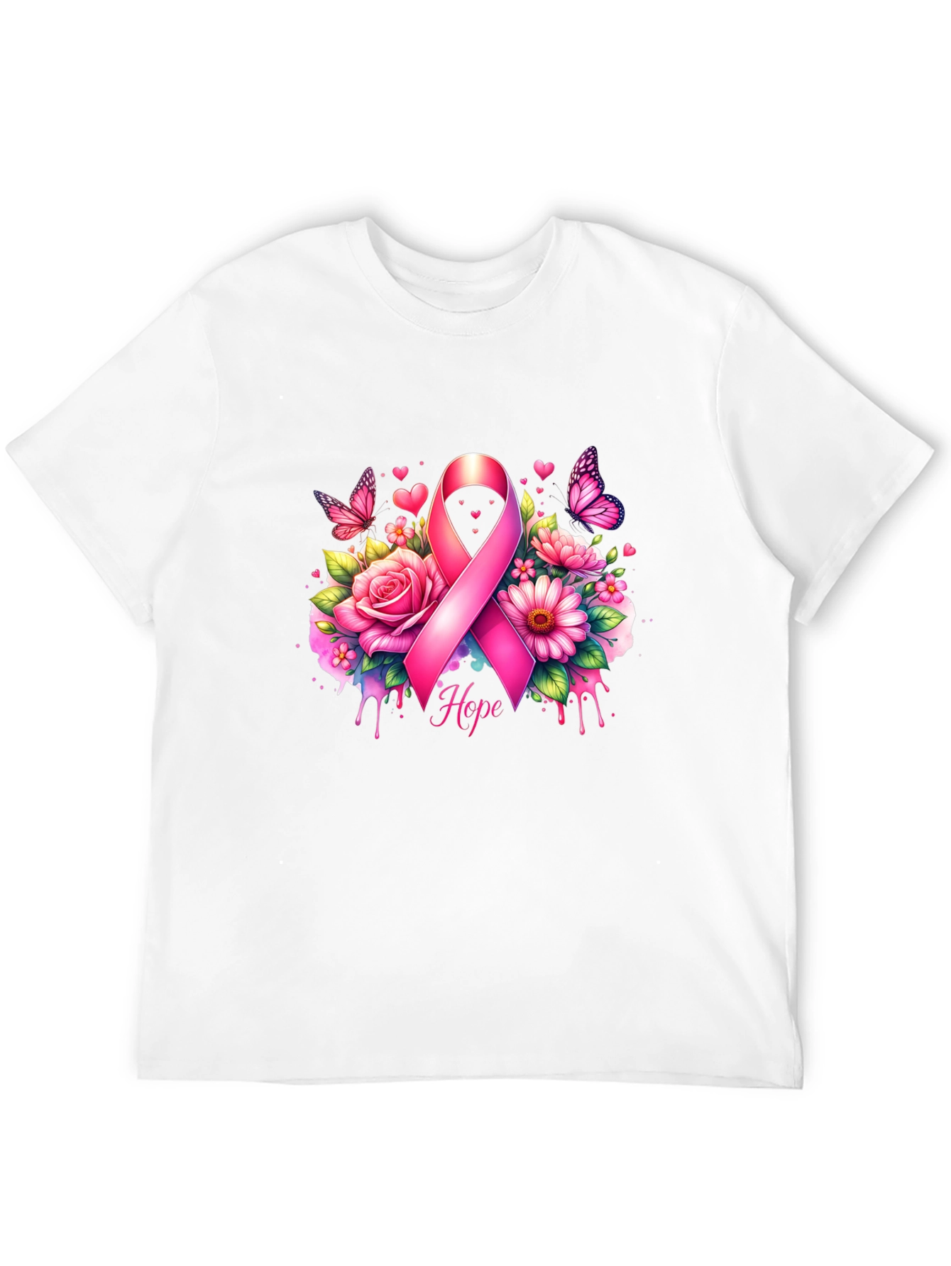 Breast Cancer Awareness T-Shirt with Pink Ribbon and Flowers